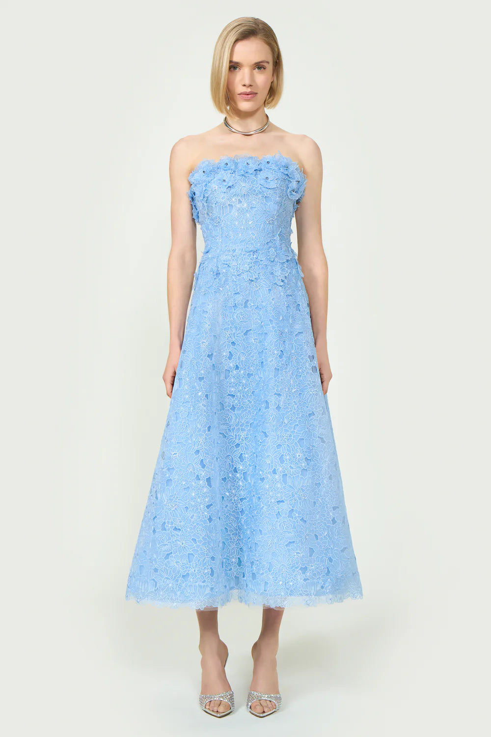Anessa Embroidered Organza Strapless Midi Dress
